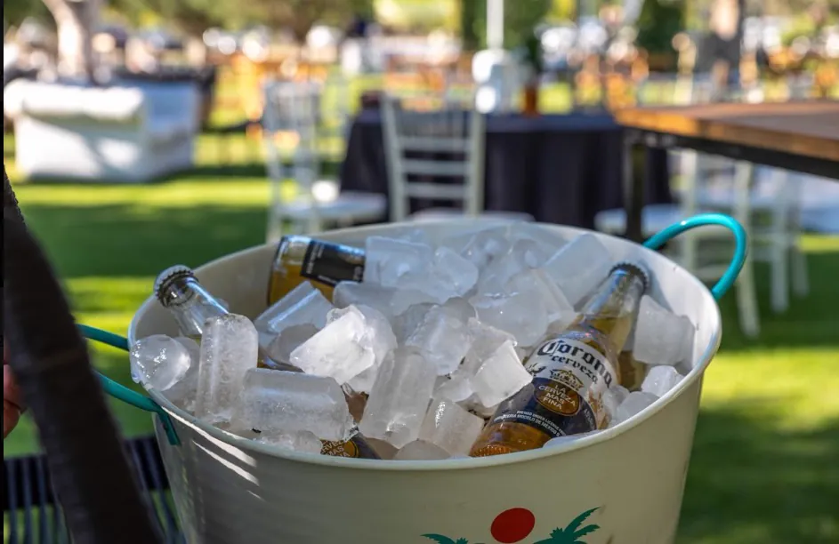 Balde con hielo y cervezas listo para los invitados en el jardín
